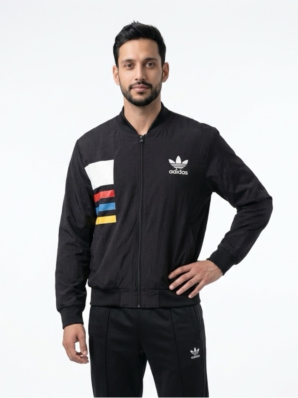 Adidas Originals Trefoil Bomber Jacket XL Zip Black Gray Rainbow Stripe Jacket